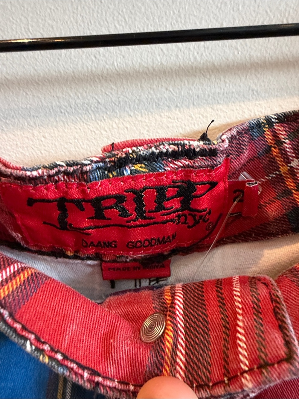 Tripp NYC Two-Tone Plaid Utility Shorts in Blue and Red - Picture 3 of 3